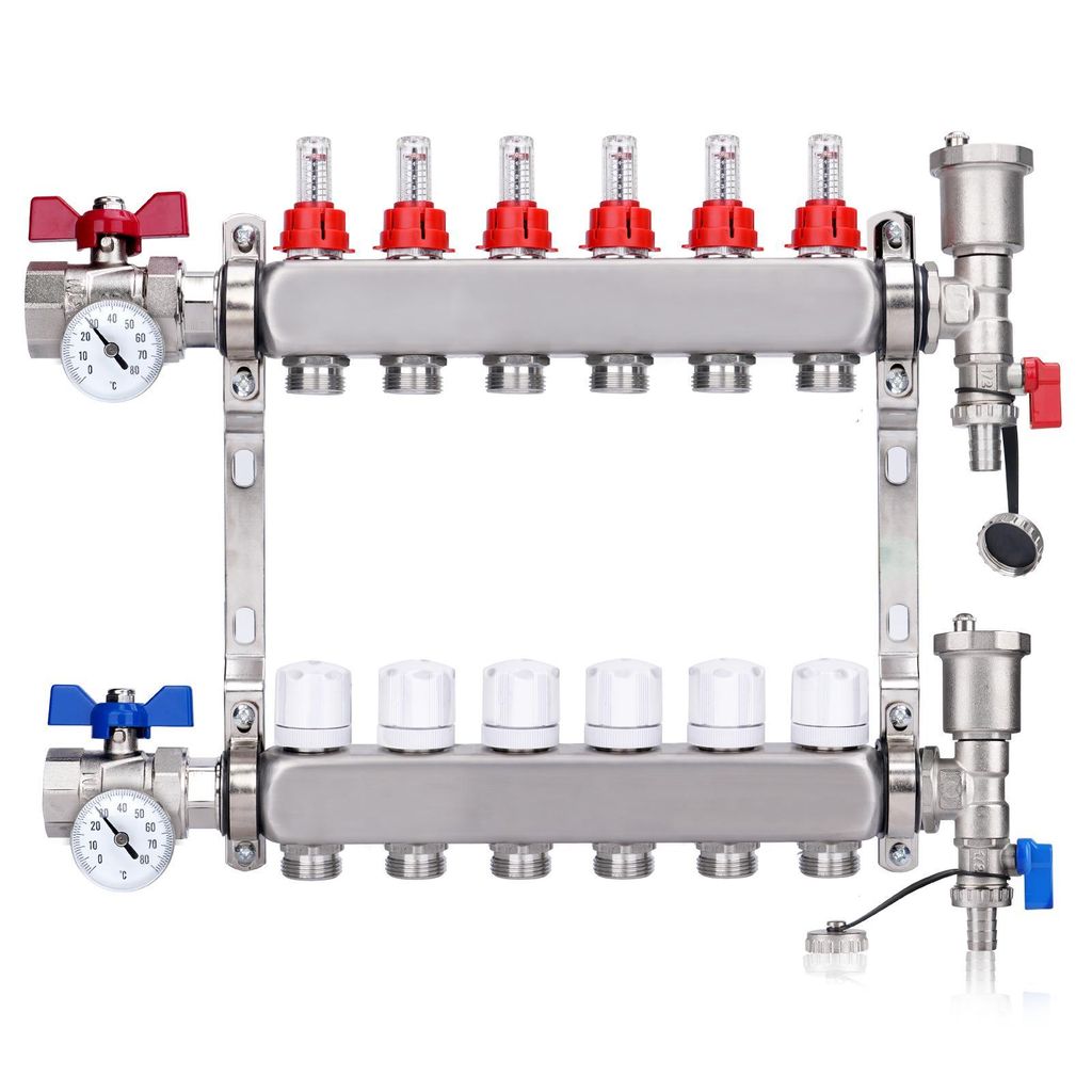 6 Heizkreise Heizkreisverteiler inkl. 1" Kugelhähne mit Thermometer Entlüfter Flussmesser Durchflussmesser | für Eurokonus 3/4 | Fußbodenheizun...