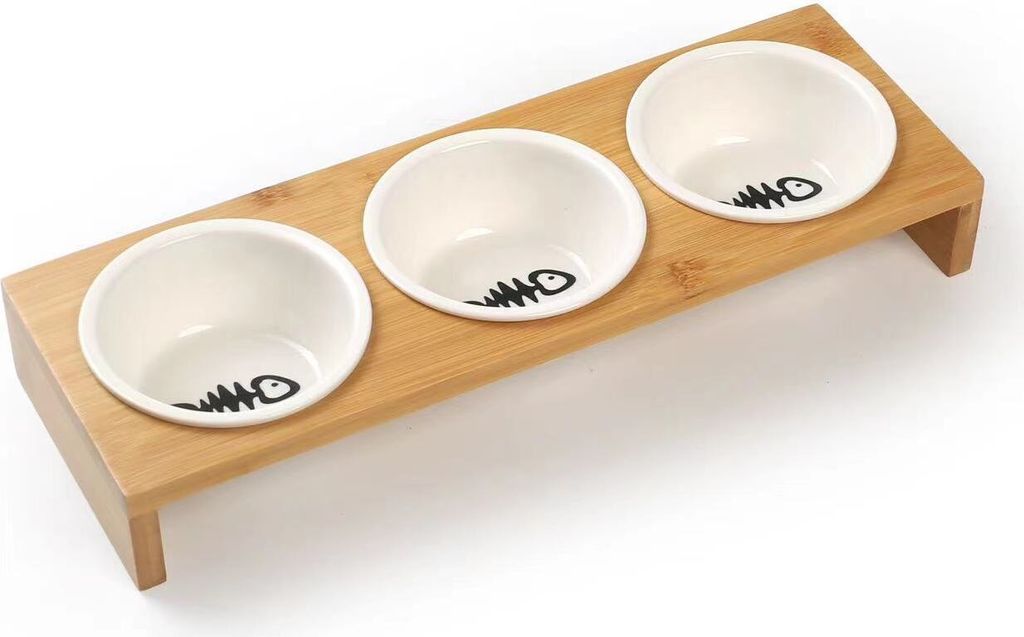 Penelife Katzennapf 3er Set erhöht - Fressnapf Katze aus Keramik mit jeweils 200 ml Volumen - Katzen Futterstation mit stilvollem Bambus Halter - ...