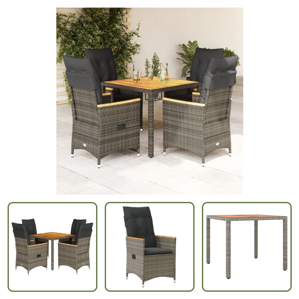 The Living Store 5-tlg. Garten-Essgruppe mit Kissen Grau Poly Rattan