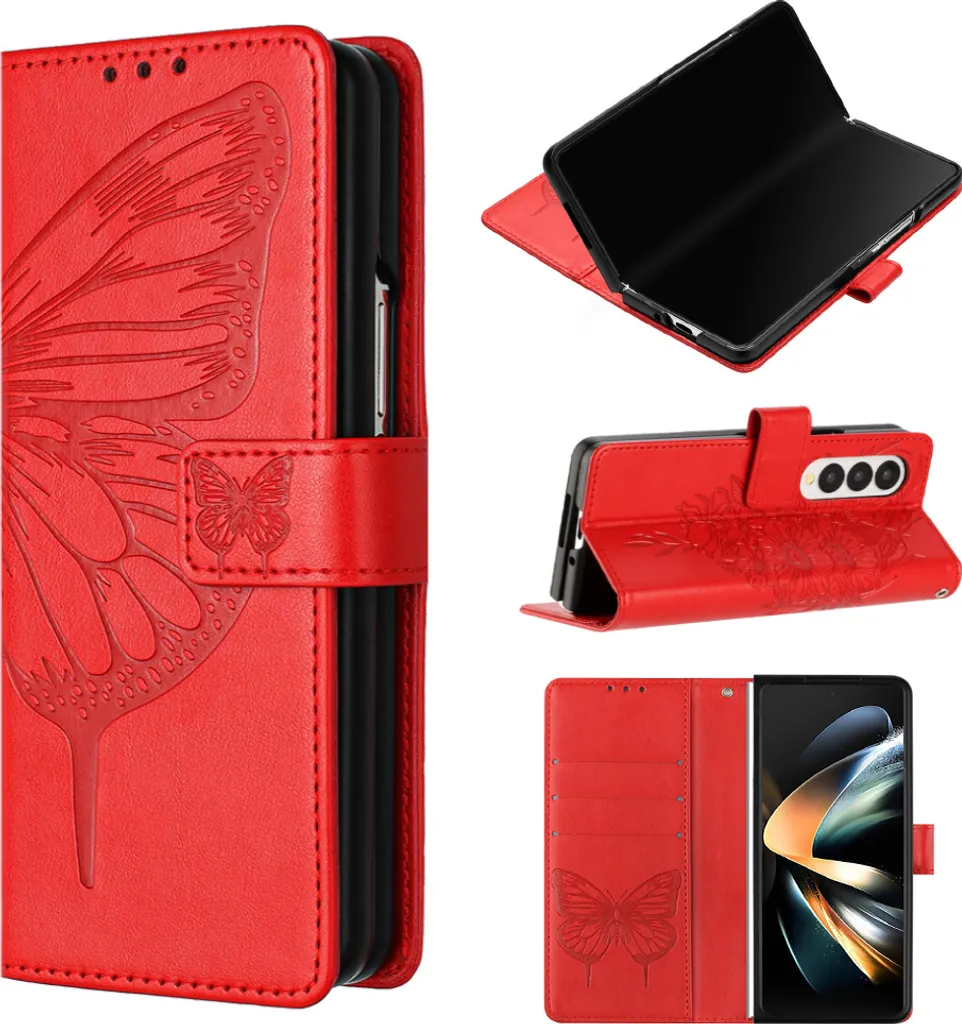 Galaxy Z Fold4 Case, Butterfly Relief Flip Custodia in pelle con slot per schede e stand per Samsung Galaxy Z Fold4 Rosso