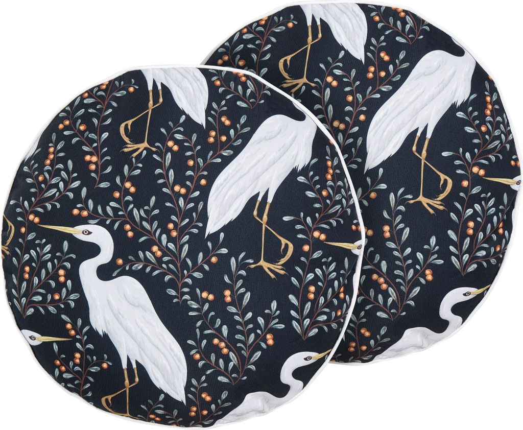 BELIANI Gartenkissen 2er Set Schwarz Stoffbezug mit Füllung Rund 40 cm Tiermotiv Vogelmotiv Deko für Lounge Garten Balkon Terrasse Indoor Out...