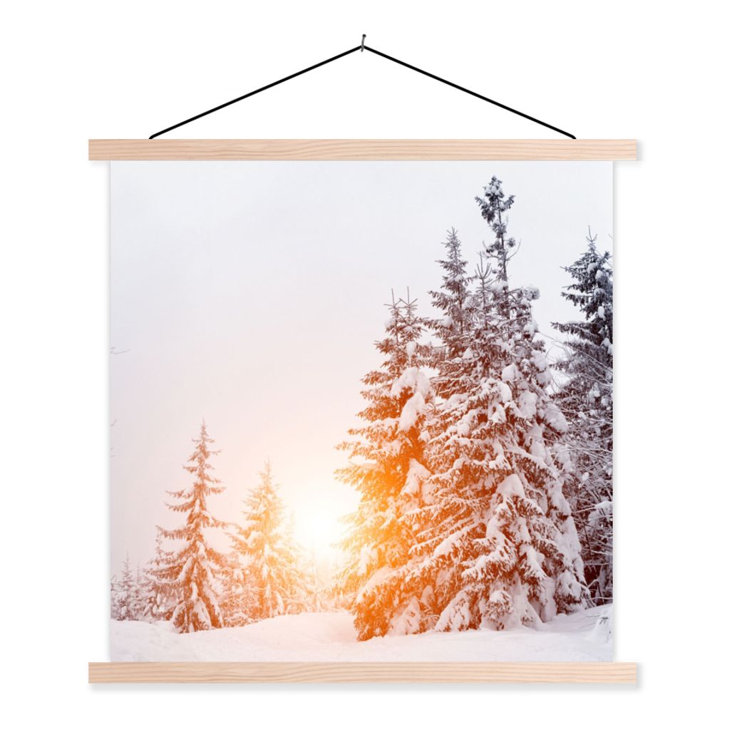 MuchoWow Textilposter Sonne - Bäume - Schnee 40x40 cm mit holzfarbenen Rahmen - Posterleiste