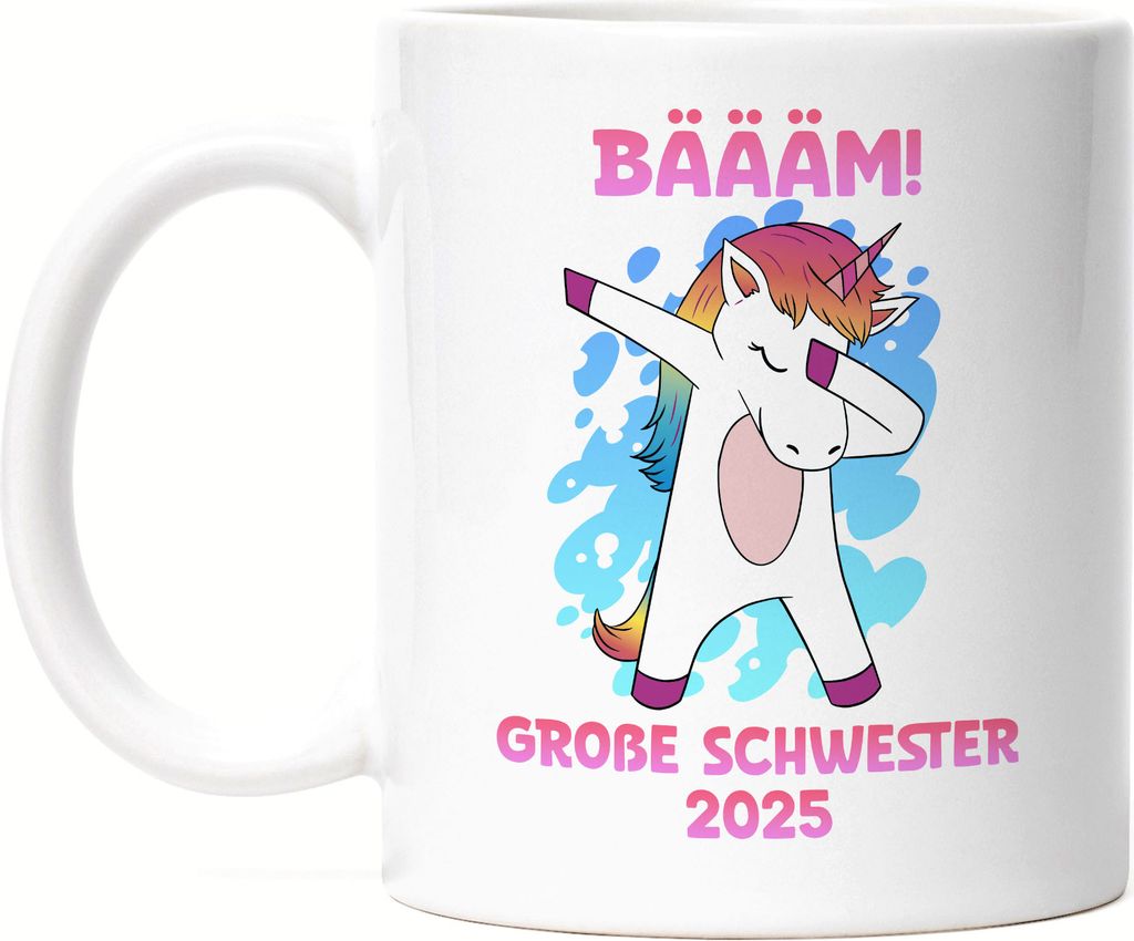 Bäääm Große Schwester 2025 Tasse Weiß Einhorn Schwangerschaft Ankündigung Babyparty Babyshower Geschwister