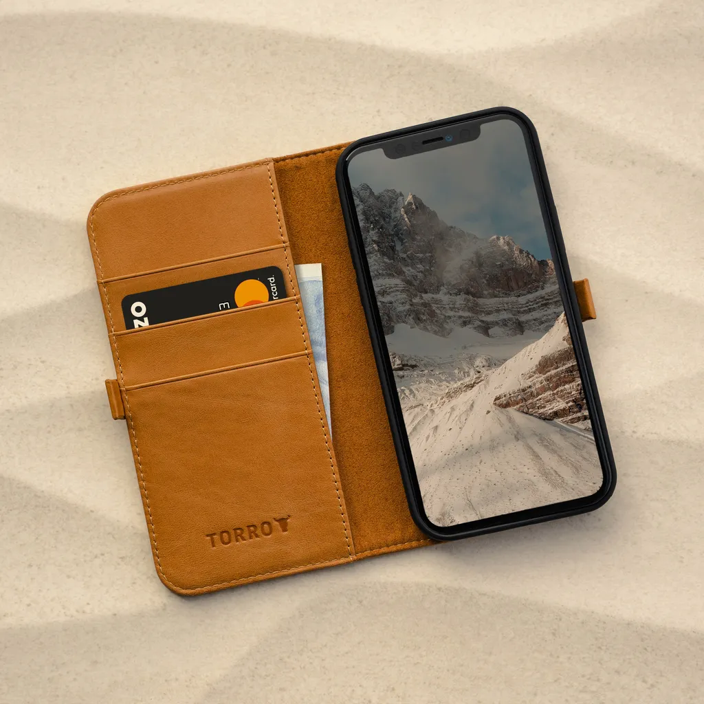 Custodia Portafoglio iPhone 12 TORRO in Pelle Marrone Chiaro - Stand - 4