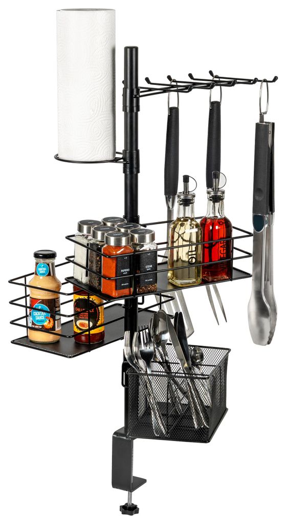 eluno 5-in-1 Grillzubehör-Organizer zur Klemmmontage, BBQ Outdoor Küche, aus schwarzem Metall