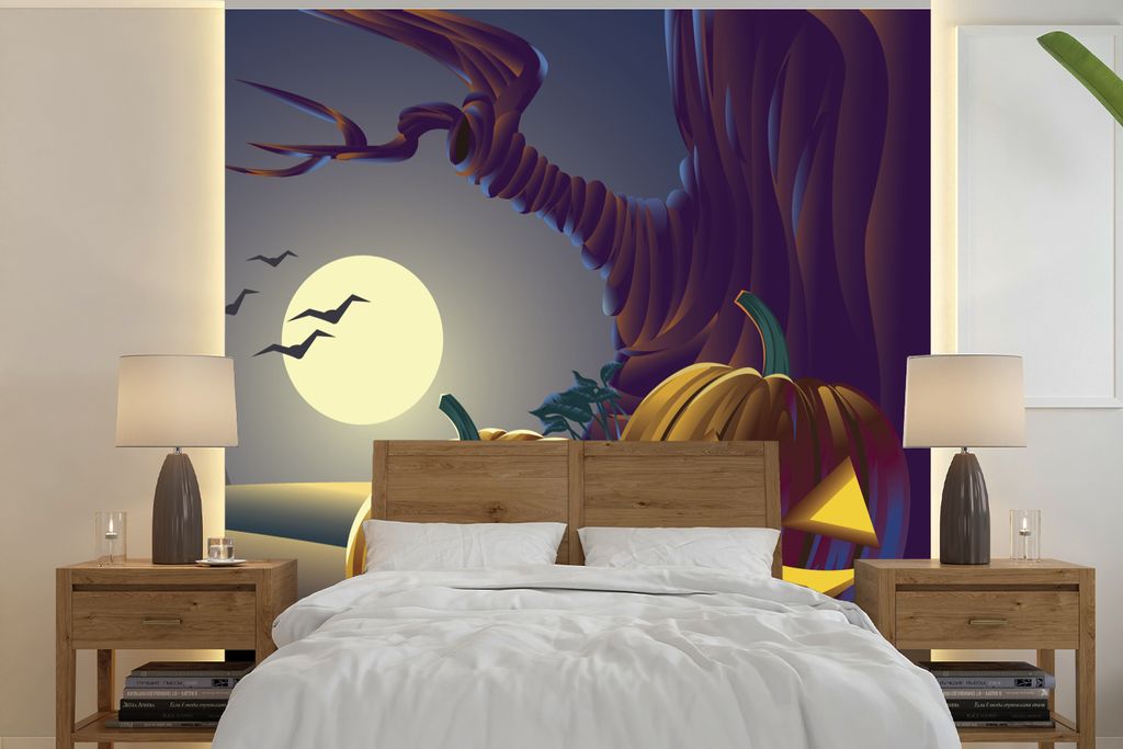 MuchoWow Fototapete für Wohnzimmer oder Schlafzimmer Wandtapete Vinyl Motivtapete Zwei Kürbisse in einer Halloween-Nacht in einer Illustration ...