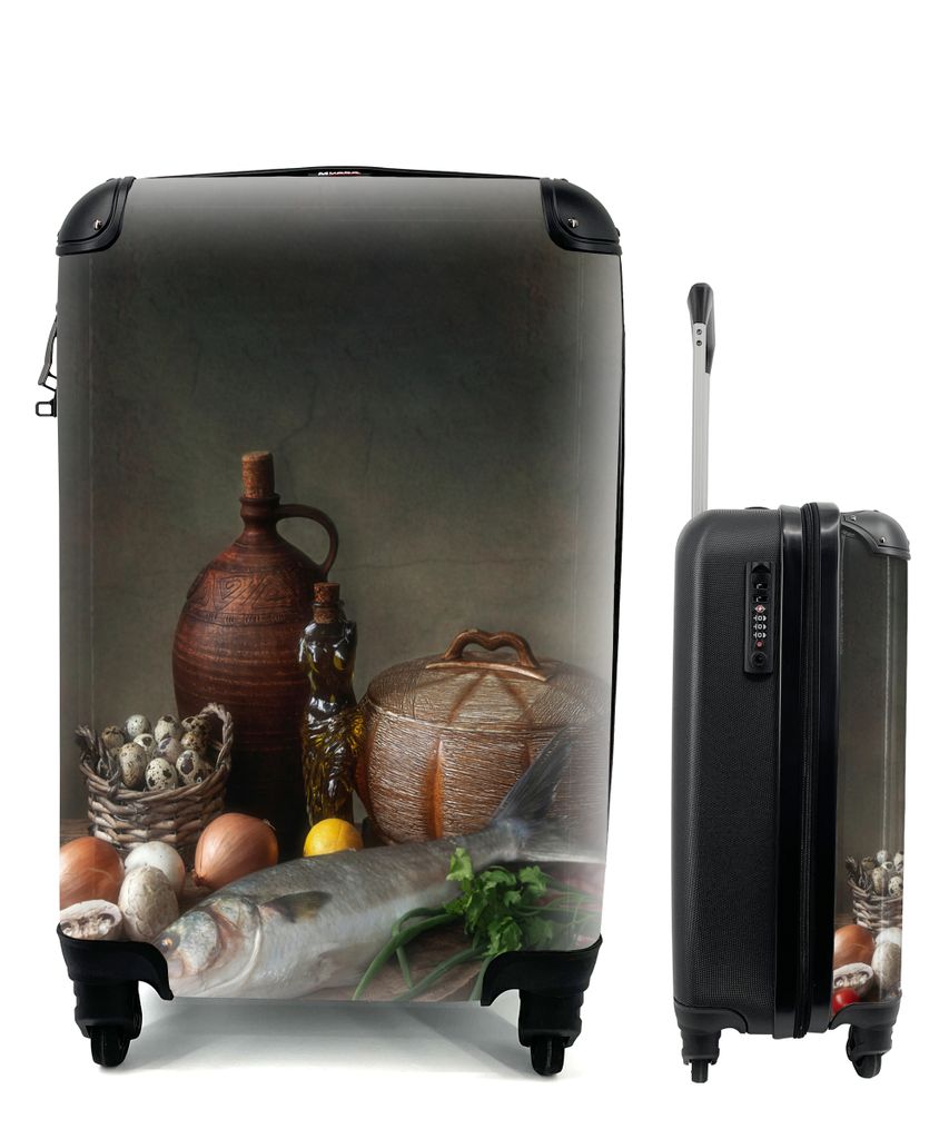 MuchoWow Koffer Handgepäck Trolley Rollkoffer Kleine Reisekoffer mit 4 Rollen - Rustikal - Fisch - Stilleben - Gemüse - Kräuter - Cabin Size <...