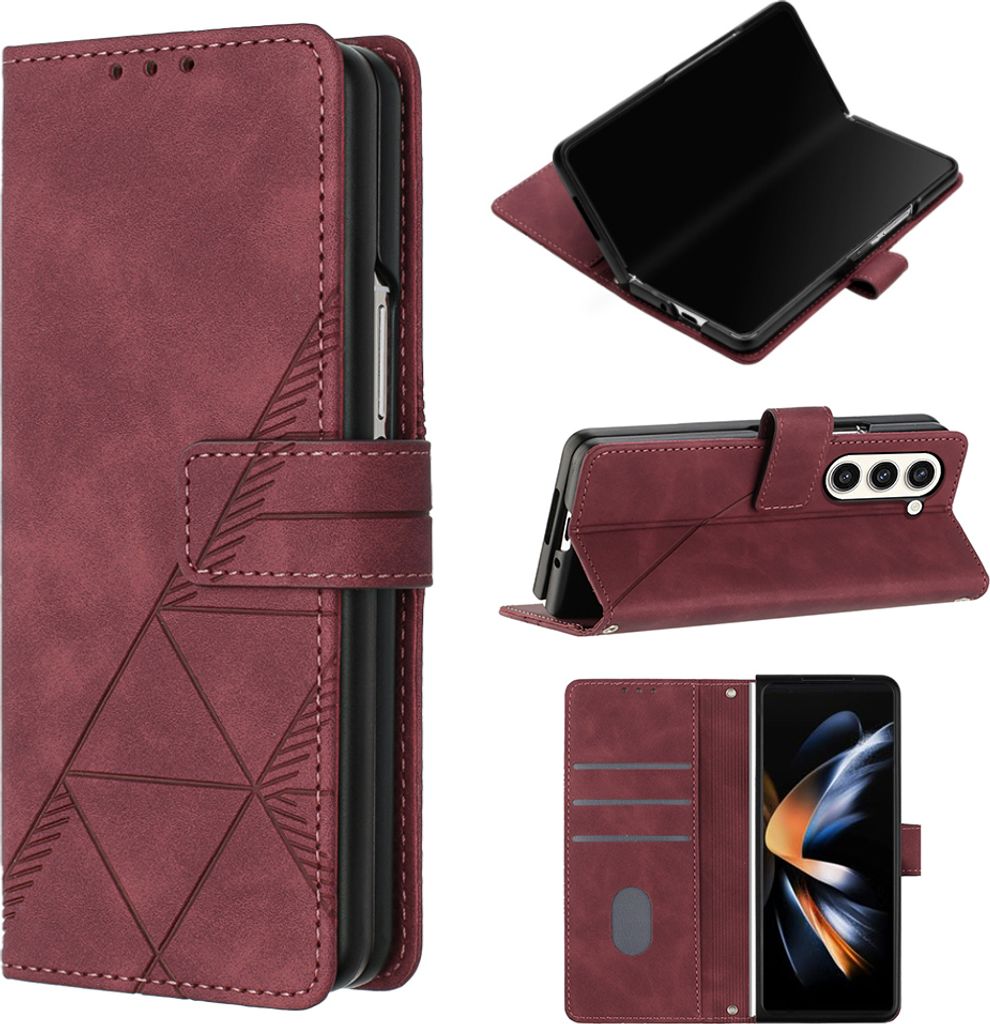 Hülle für Samsung Galaxy Z Fold 5 Prägung Flip Leder Kartenfächer Schutzhülle mit Ständer Rot