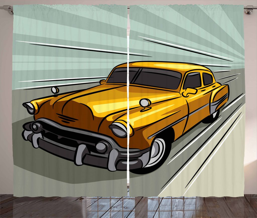 ABAKUHAUS Autos Rustikaler Gardine, Yellow Fahrzeug Speeding, Schlafzimmer Kräuselband Vorhang mit Schlaufen und Haken, 280 x 245 cm, Reseda Grün...