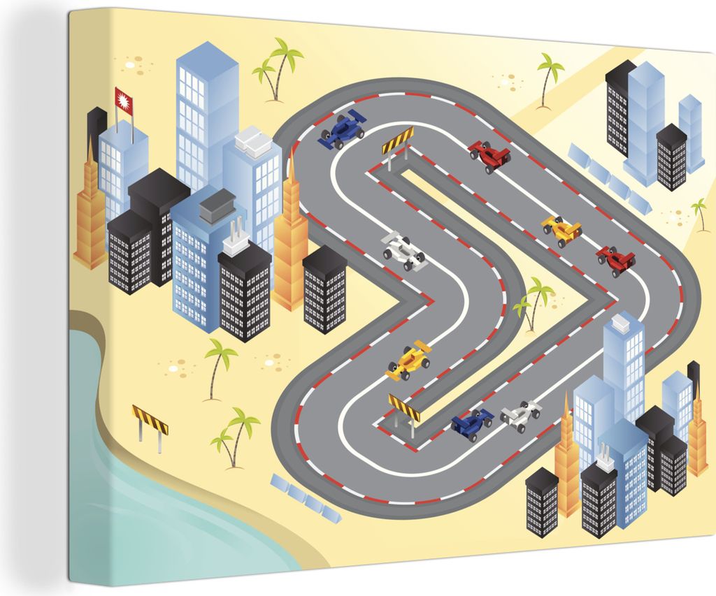 OneMillionCanvasses - Leinwandbilder - 140x90 cm, Eine fiktive Rennstrecke mit F1-Autos in einer Illustration, Wandbilder Kunstdruck Wanddekorati...