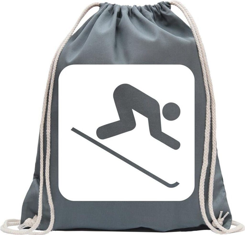 Kiwistar - Turnbeutel - stahlgrau - Piste Abfahrt Piktogramme - Fun Rucksack Sport Beutel Gymsack Baumwolle mit Ziehgurt