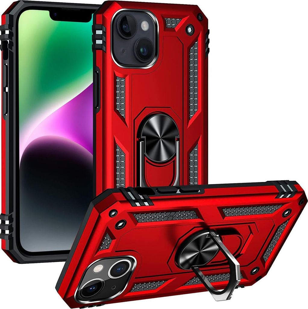 Conie Outdoor Schutzhülle für iPhone 14 Tasche Silikon Hard Case Cover Hülle mit Halter Ständer in Rot