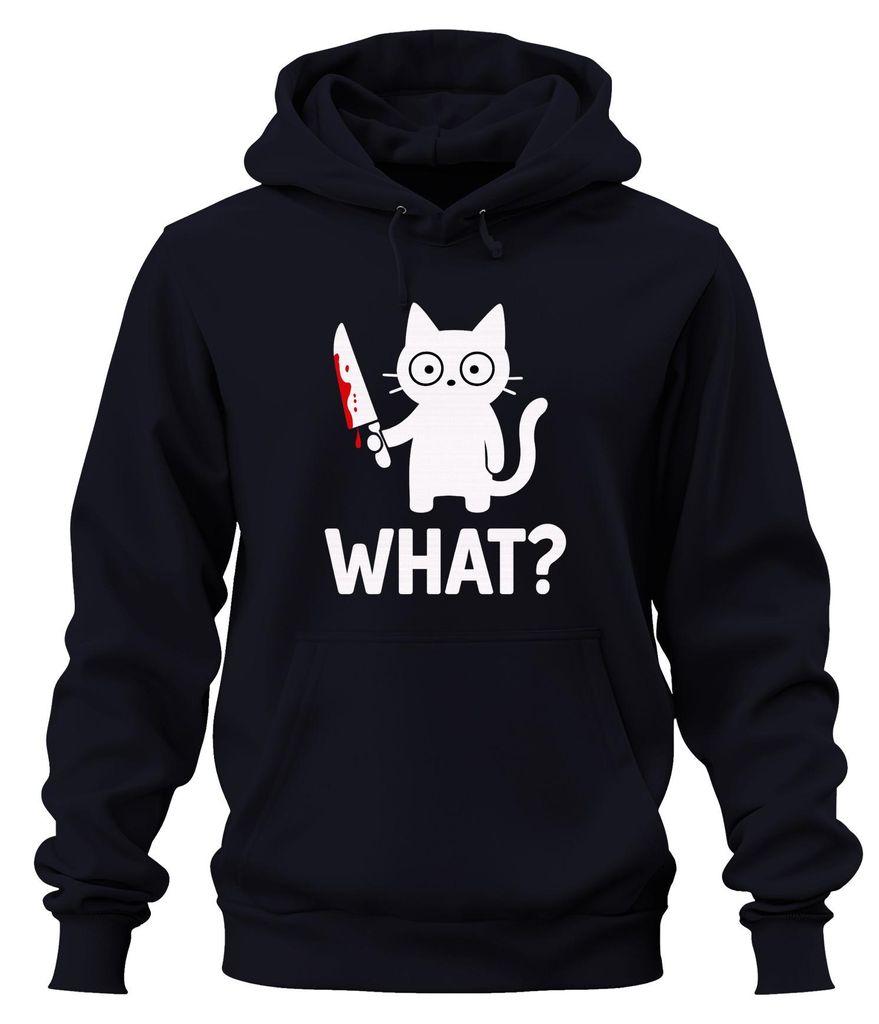 WHAT? Katze Messer Blut düster Halloween lustig Geschenk gruselig Unisex Hoodie Kapuzenpullover, Navy, 3XL