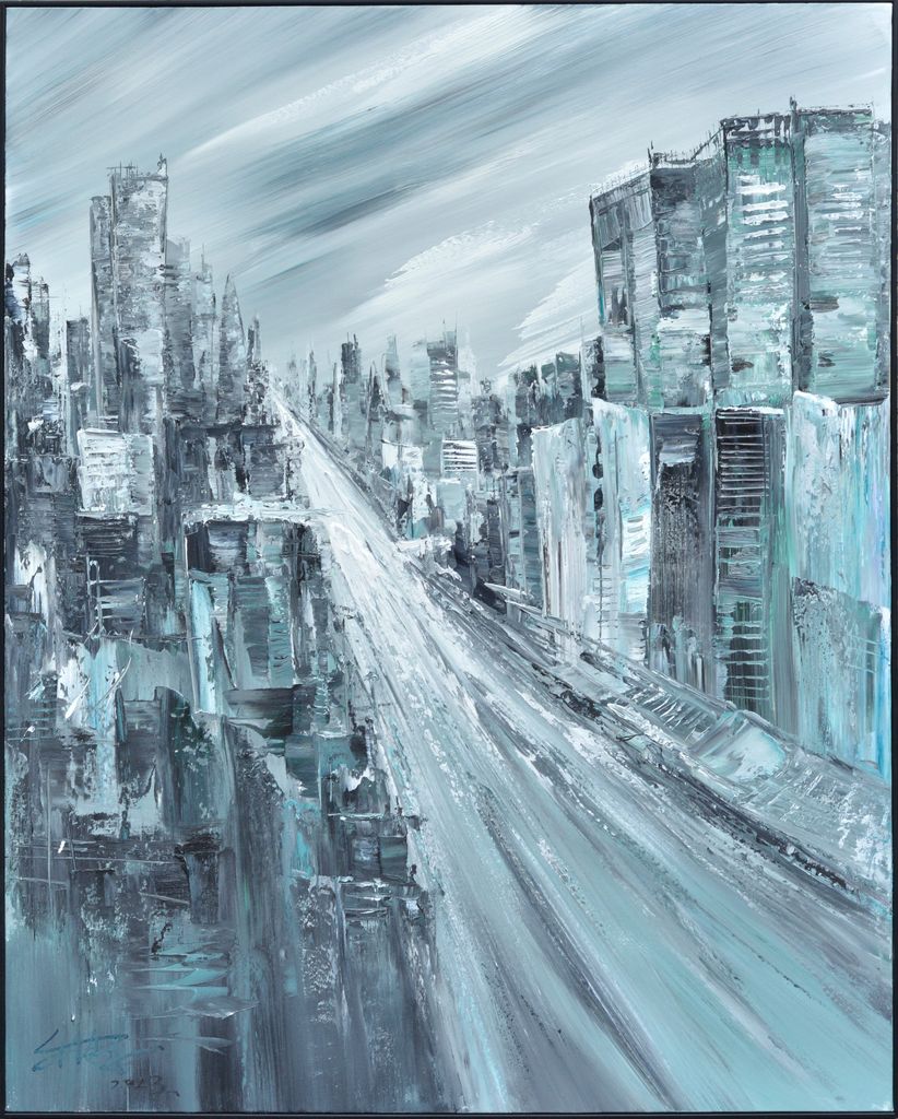 Fine Asianliving Ölgemälde 100% Handgemalt 3D Texture Rahmen Schwarz 120x150cm Stadt Blau