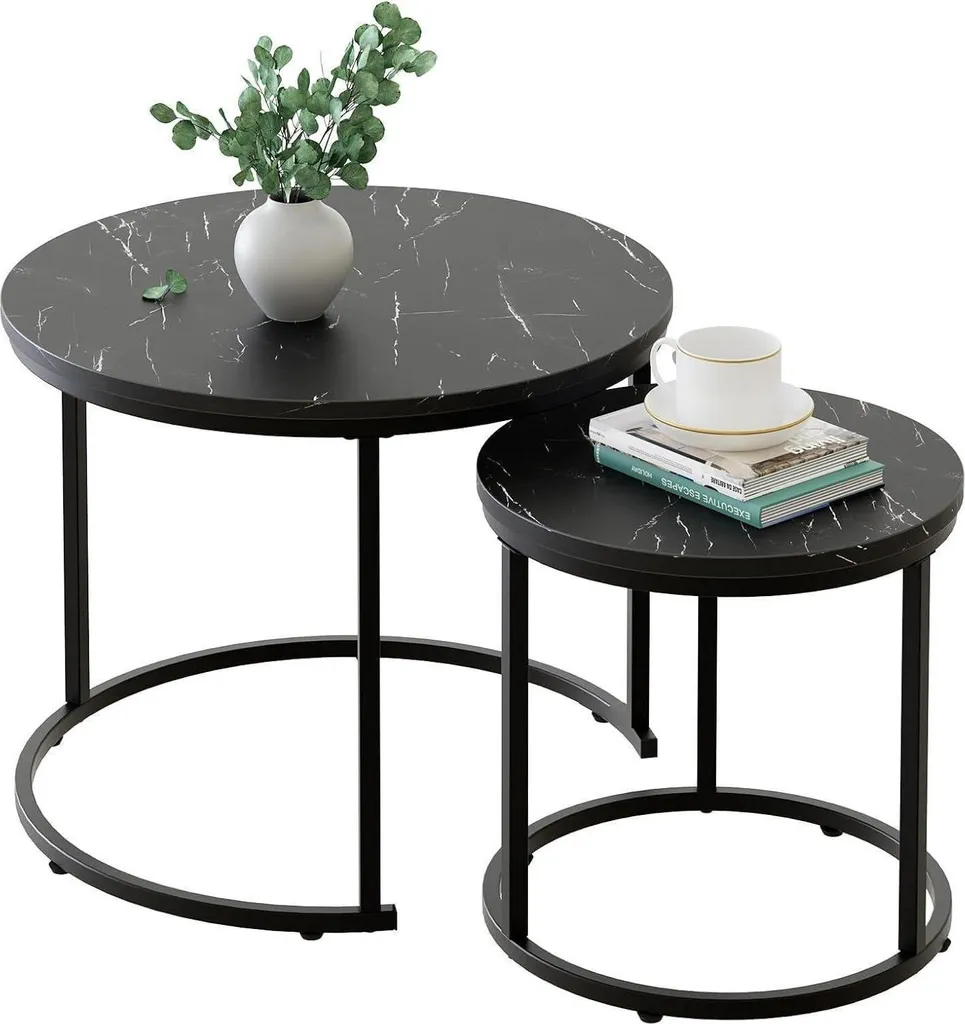 Table basse ronde double plateau effet marbre et pieds en métal noir