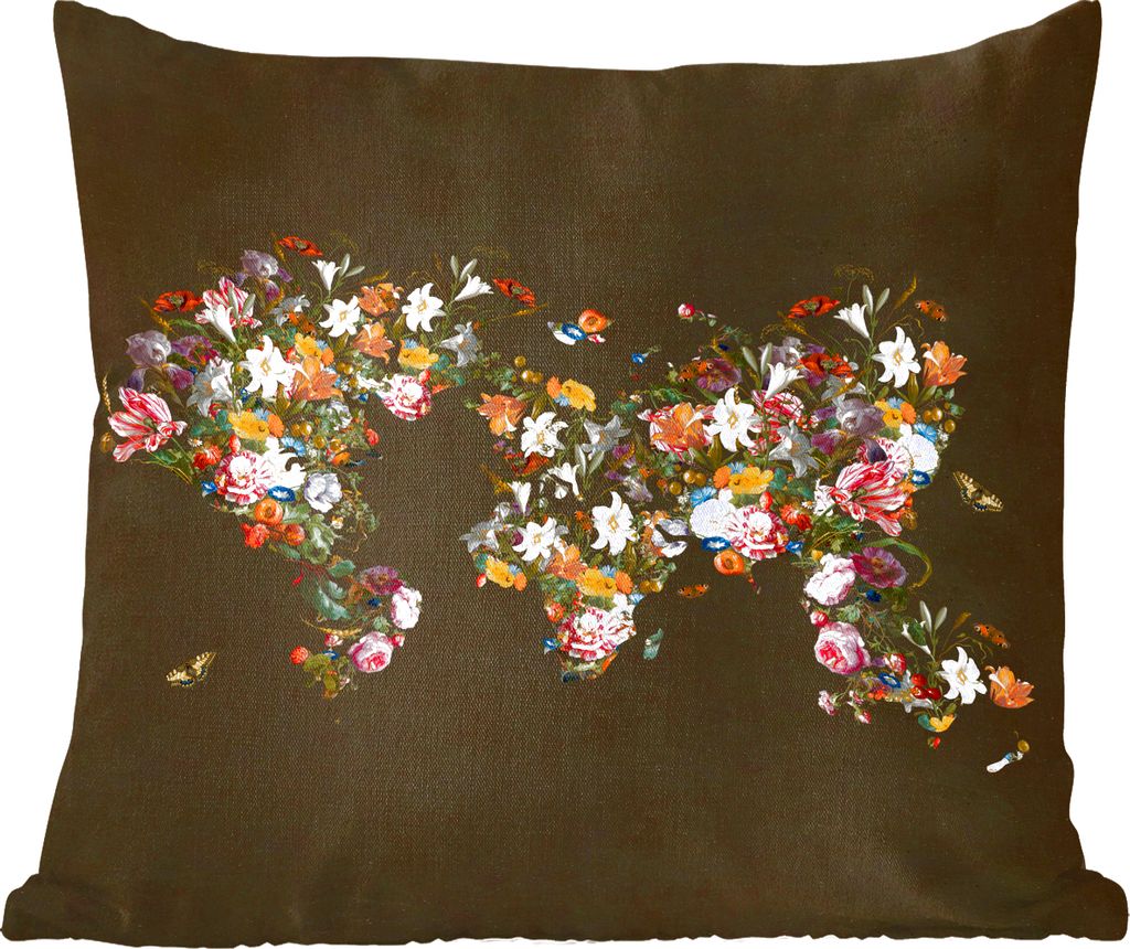 MuchoWow Zierkissen Sofakissen Wohnzimmer Dekokissen 45x45 cm Weltkarte - Rosen - Lilie - Blumen - Schlafpolster - Polster für das Sofa