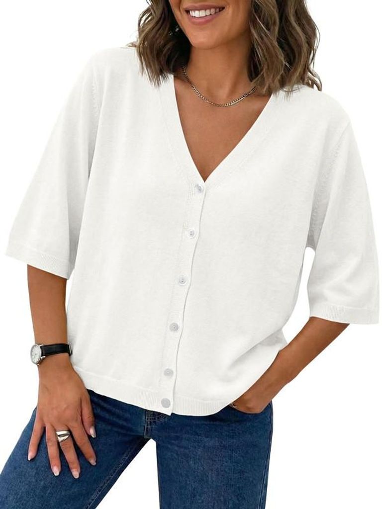 Kurzarm-Cardigan für Damen, leichter Strickstoff, V-Ausschnitt, Knopfleiste,Größe:S