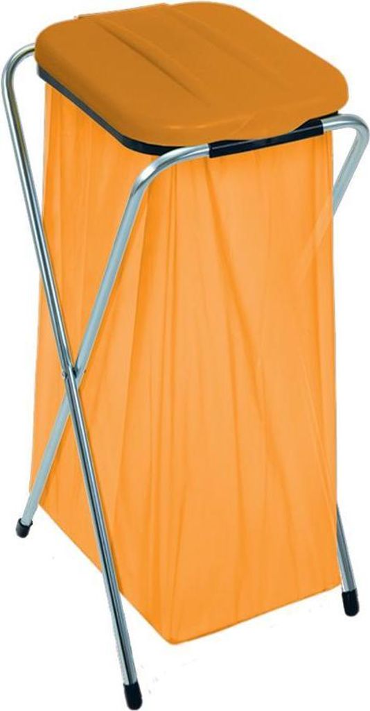 A standalone orange trash bag holder with a silver frame and an orange lid.