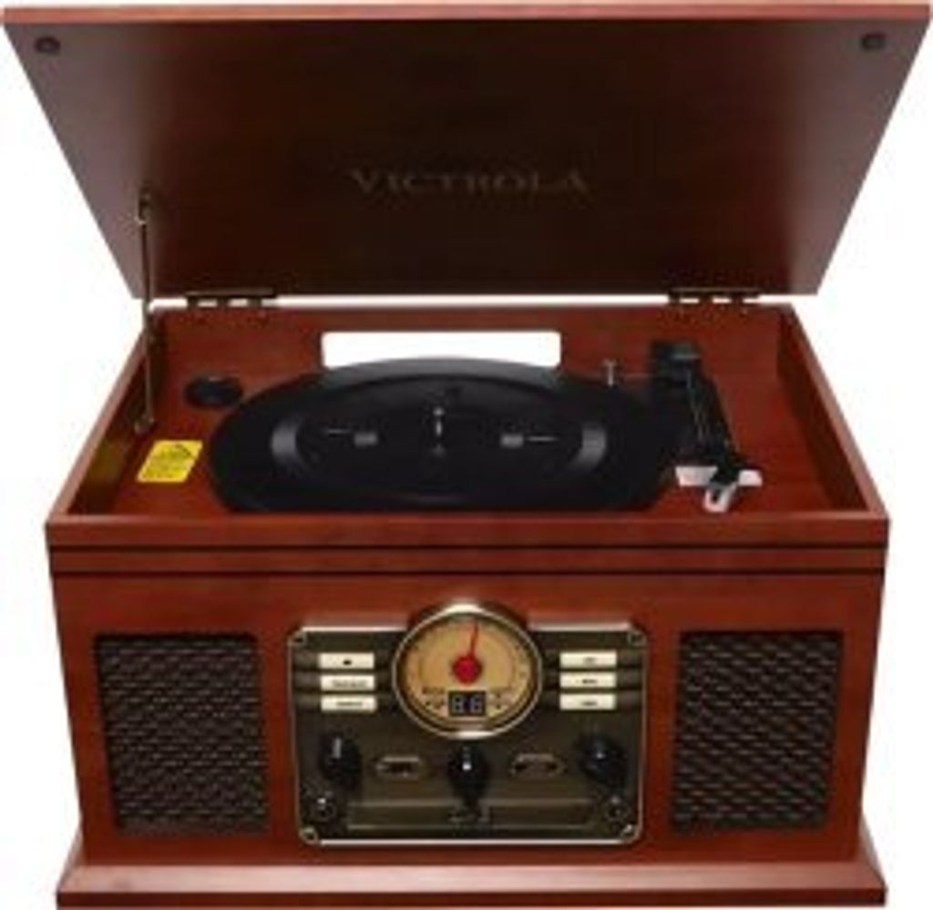 A retro-style record player with the lid open, showing the turntable and tonearm.