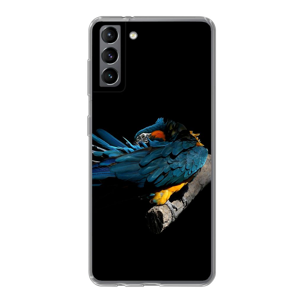 MuchoWow Handyhülle Schutzhülle Hülle für Samsung Galaxy S21 Plus Vogel - Federn - Zweig - Schwarz Silikon Softcase Handy Hülle - Handy-Tasche