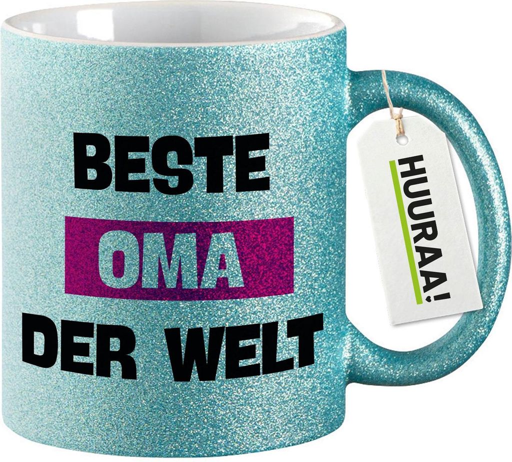 Huuraa Glitzertasse Beste Oma der Welt 330ml Blau Keramik Kaffeebecher Geschenkidee