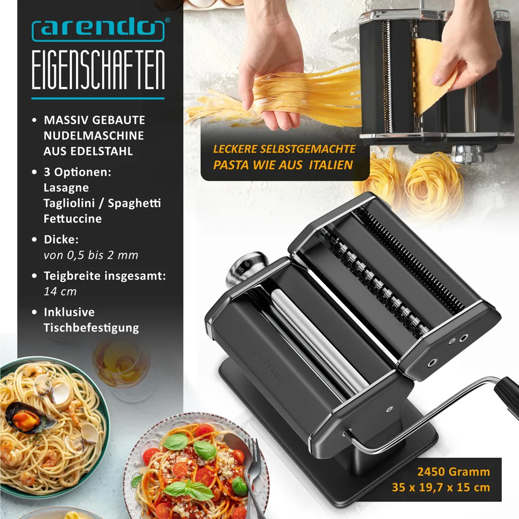 Macchina per la pasta Arendo manuale, macchina per la pasta, macchina per la pasta, pressa per la pasta, acciaio inossidabile, 7 spessori regolabili, attacco duplex per spaghetti, tagliatelle, lasagne - 2mm e 6mm - 2