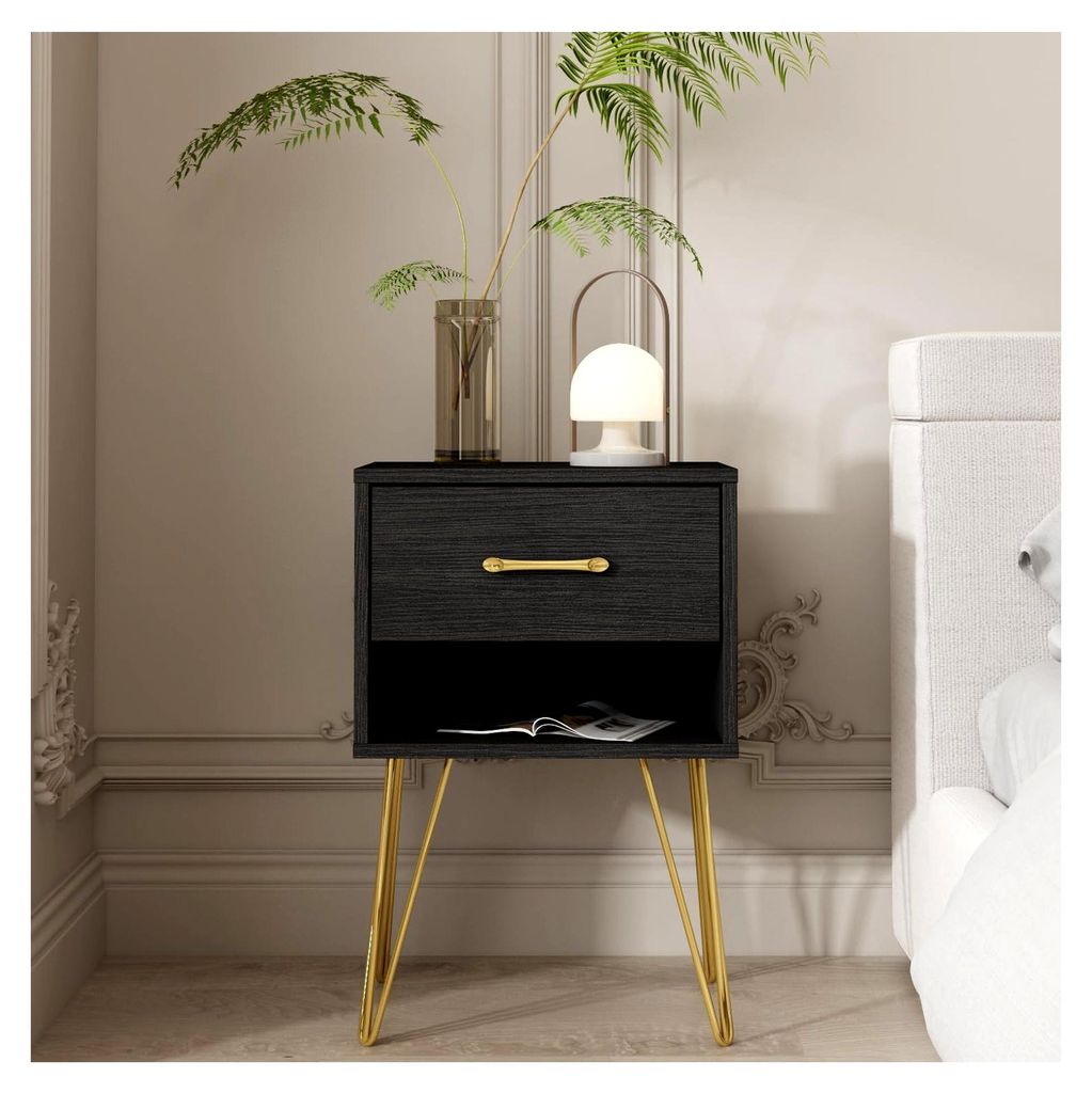 Nachttisch mit 1 Schublade und offener Ablage, Beistelltisch mit Metallbeinen, Schwarz und Gold, 40x30x60cm