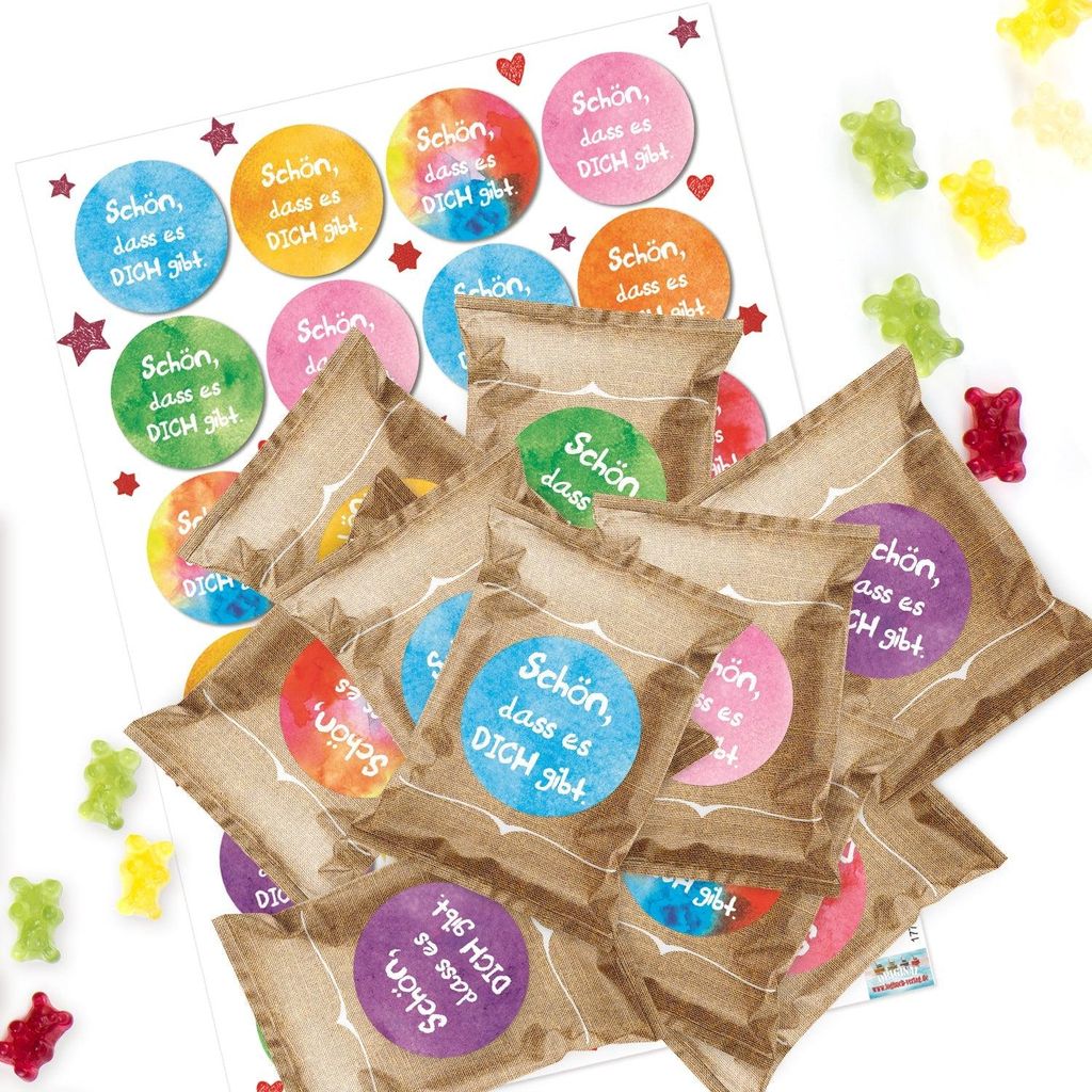 24 bunte Give-Aways Schön dass es dich gibt - Gummibärchen + Aufkleber als kleines Geschenk