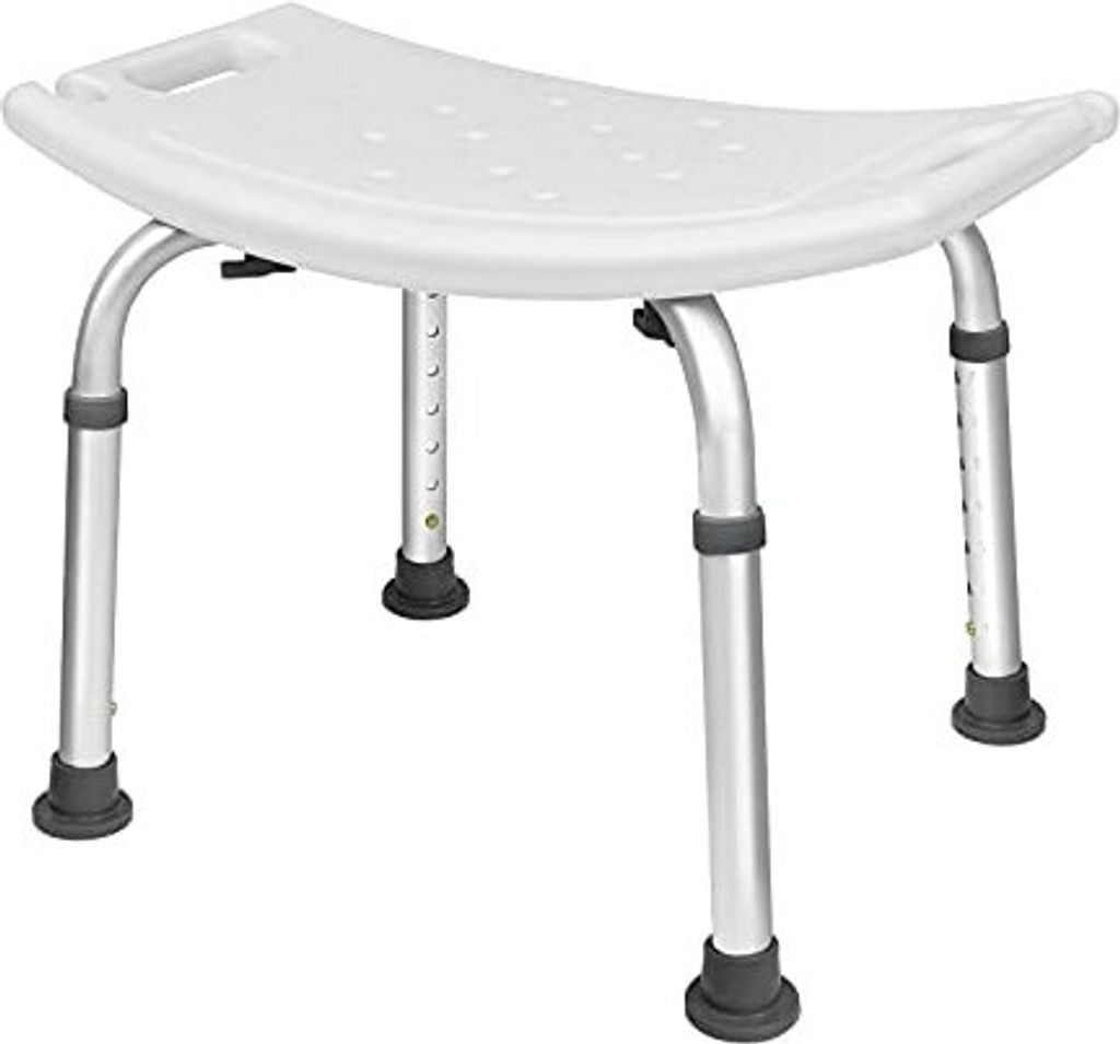 A white shower stool with adjustable aluminum legs on a white background.