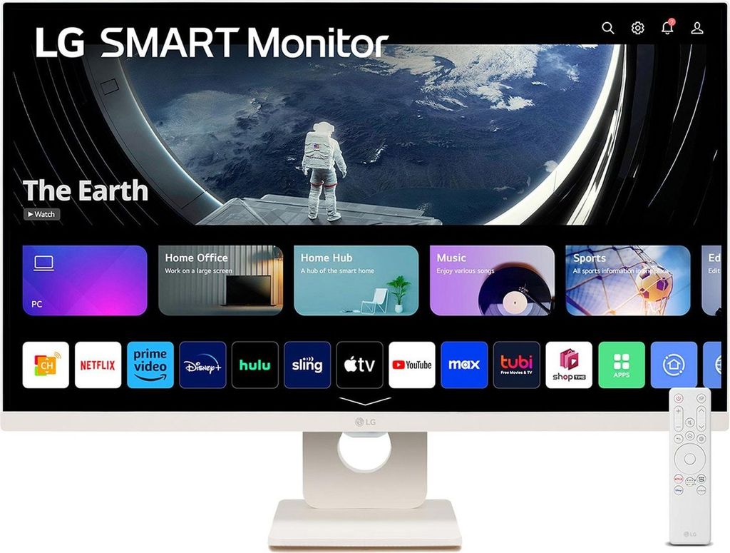 A smart monitor displaying a home screen with various app icons and a background image of Earth with an astronaut.