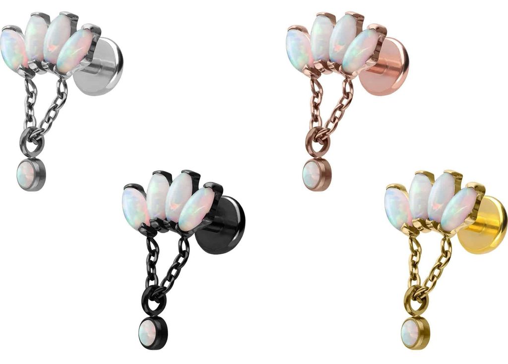 Ohrpiercing, Nasenpiercing Titan Labret mit Push Fit LOTUSBLÜTE + SYNTHETISCHE OPALE RoséGold Stablänge: 8mm | Stabstärke: 1mm