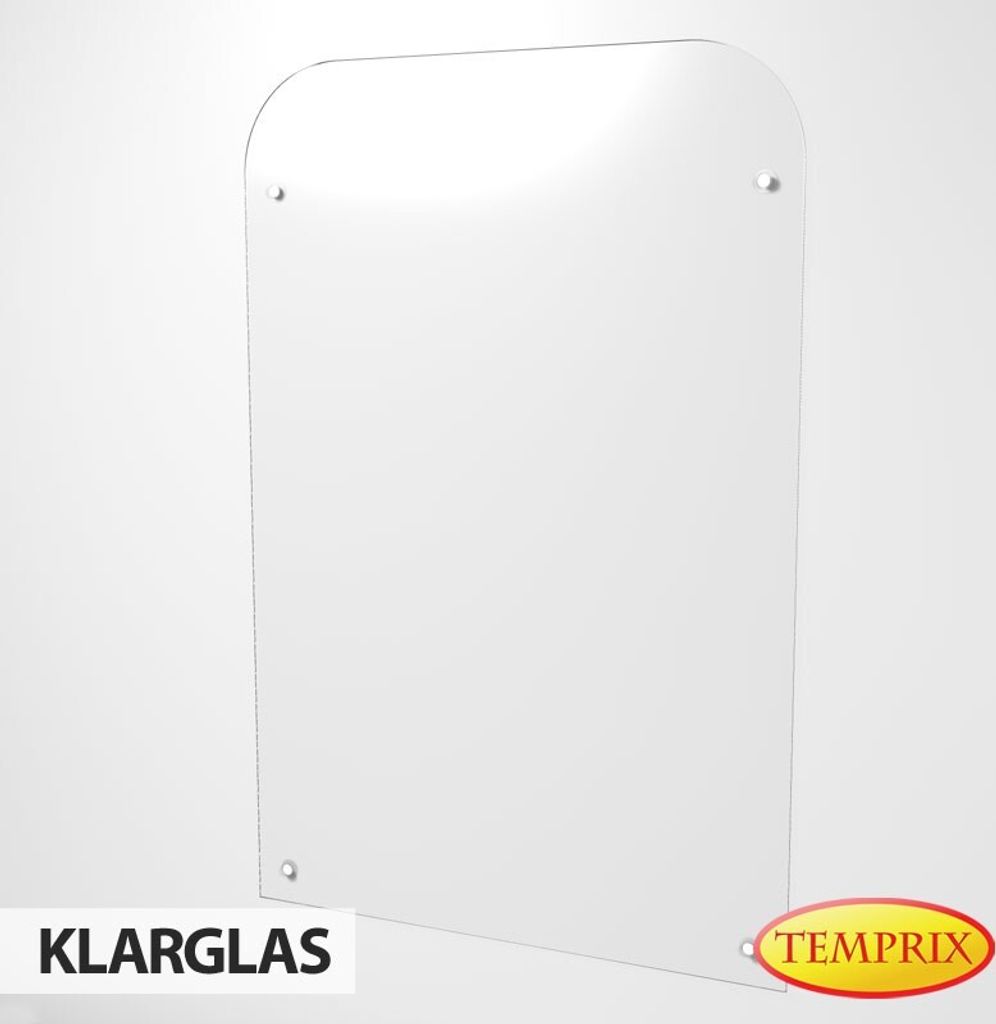 A clear glass panel with rounded corners, mounted on a white background. There are two small holes visible near the top corners and one near the bottom left corner, suggesting it's designed for mounting. Text labels are present at the bottom left and botto