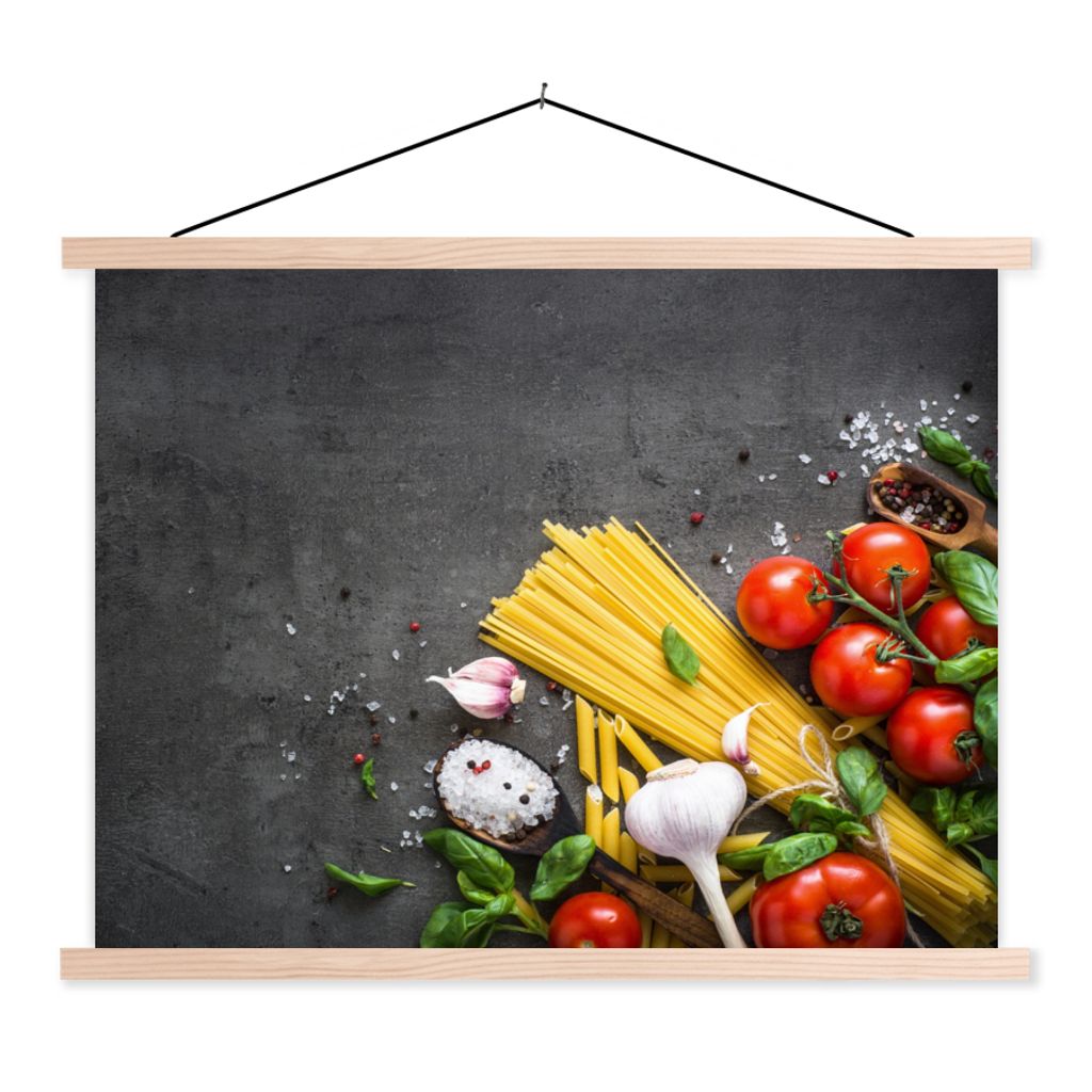 MuchoWow Textilposter Nudeln - Kräuter - Tomate - Gewürze - Rustikal 40x30 cm mit holzfarbenen Rahmen - Bilder