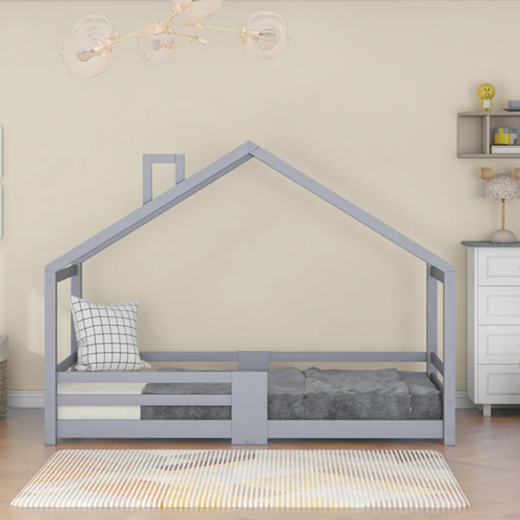 Lit Cabane Gris 90x200 cm avec Cheminée Décorative et Lattes Antichute - 9