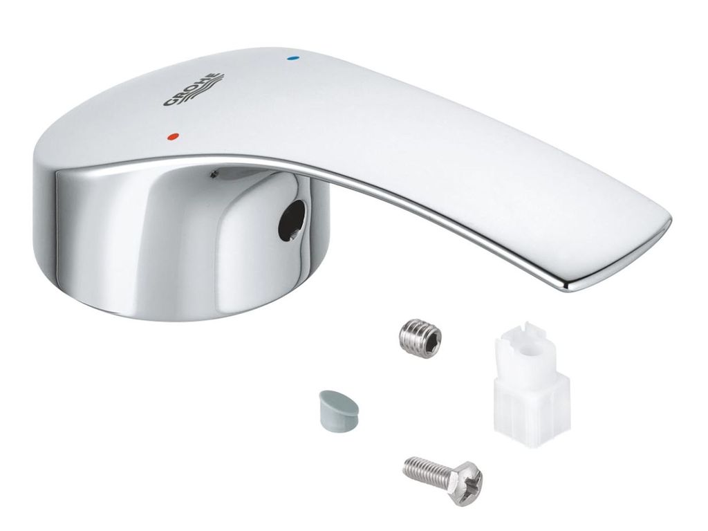 A chrome faucet handle and its associated parts are displayed on a white background.