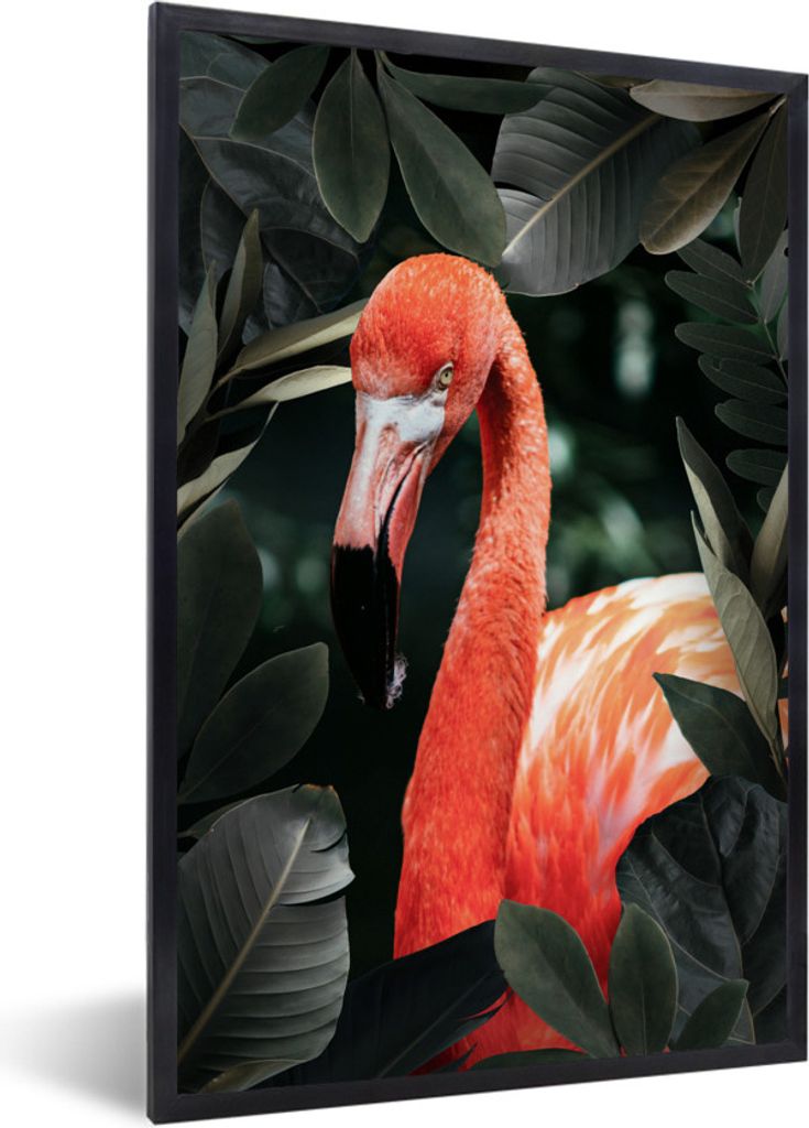 MuchoWow MuchoWow Gerahmtes Poster Flamingo - Blätter - Grün 40x60 cm - Poster mit zchwarzem Bilderrahmen - Papierdruck - Wandbilder
