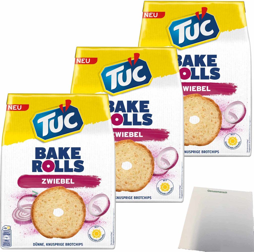 TUC Bake Rolls Brotchips Zwiebel 3er Pack (3x150g Packung) + usy Block