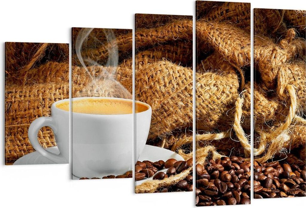 Bild auf Leinwand - Leinwandbild - Cappuccino Tasse Körner Beutel - 150x100cm - Wand Bild - Wanddeko - Leinwanddruck - Bilder - Kunstdruck - Leinw...