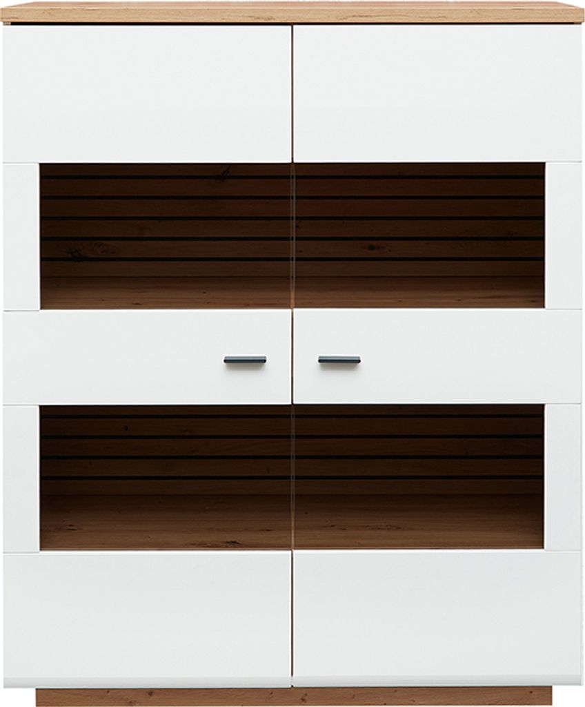 Highboard mit Beleuchtung 110cm breit, weiß mit Eiche, FALLON-55