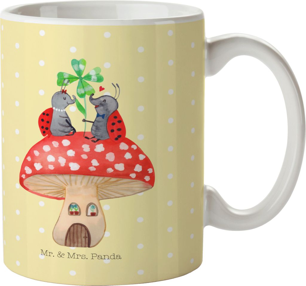 Mr. & Mrs. Panda Tasse Marienkäfer Fliegenpilz - Gelb Pastell - Geschenk, Trinkbecher, Gute Laune, Bürotasse, Wohnung, haferl, Kaffeebecher, Flei...