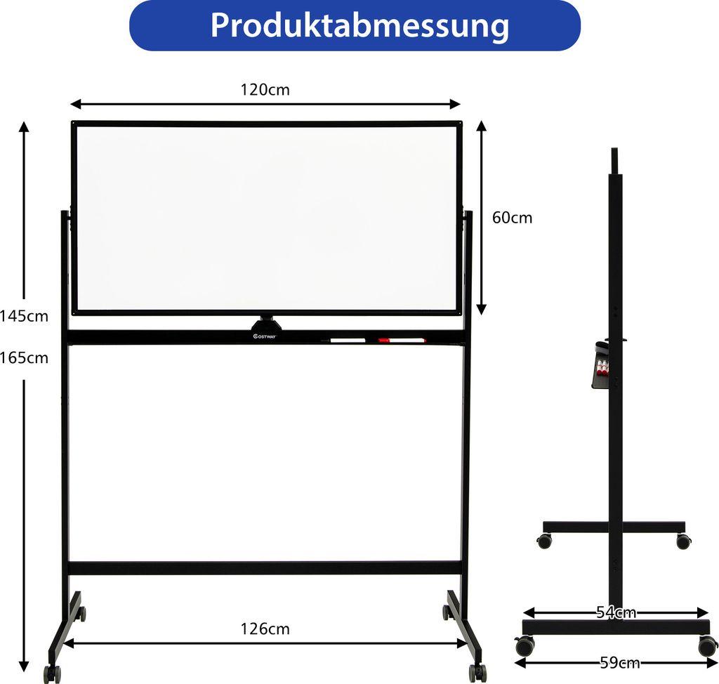 COSTWAY Mobilní tabule, 120 x 60 cm, oboustranná magnetická Obrázek produktu 6