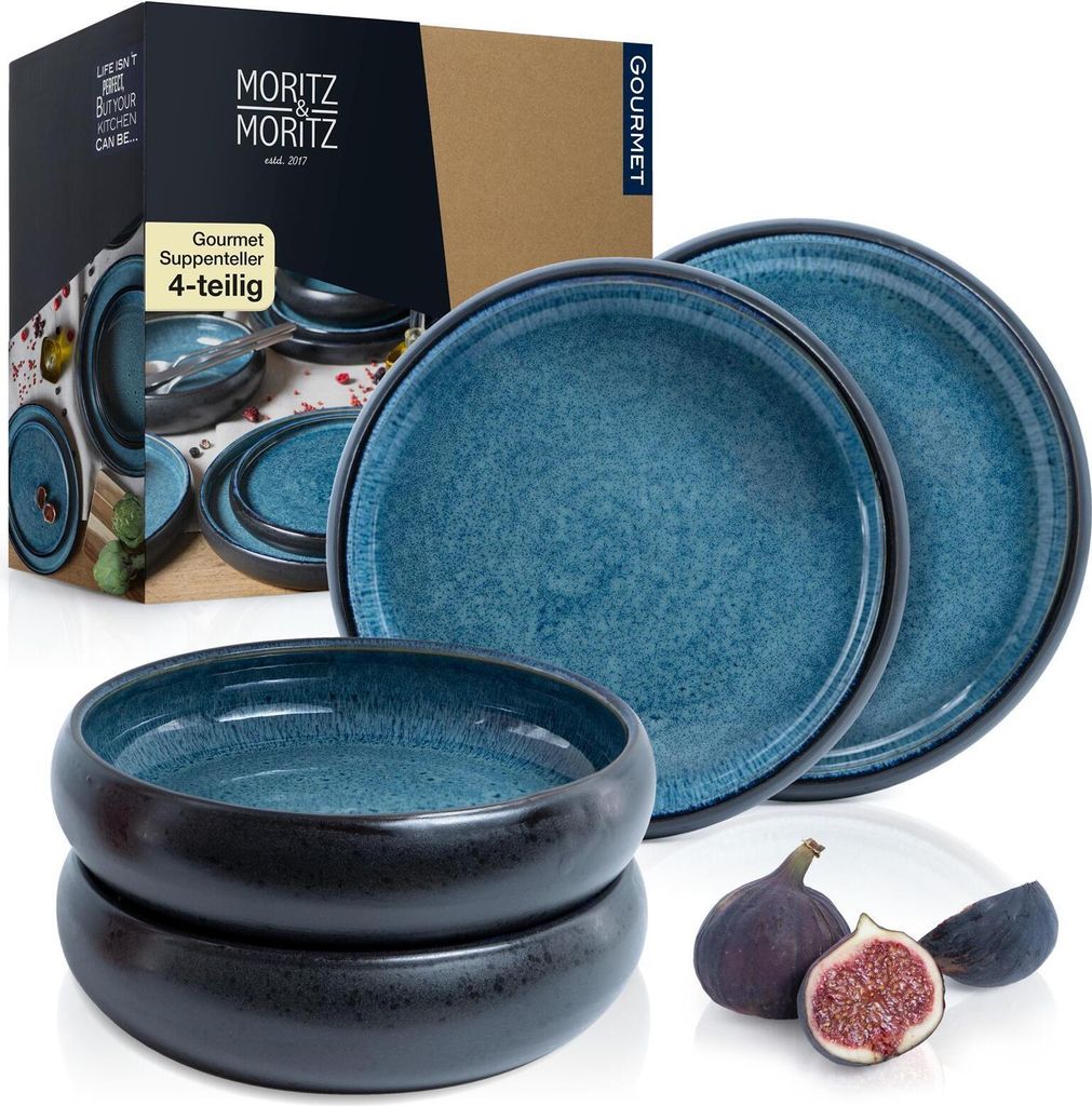 Moritz & Moritz SOLID 4x Suppenteller Steinzeug 19cm – Bowl Schüssel Blau