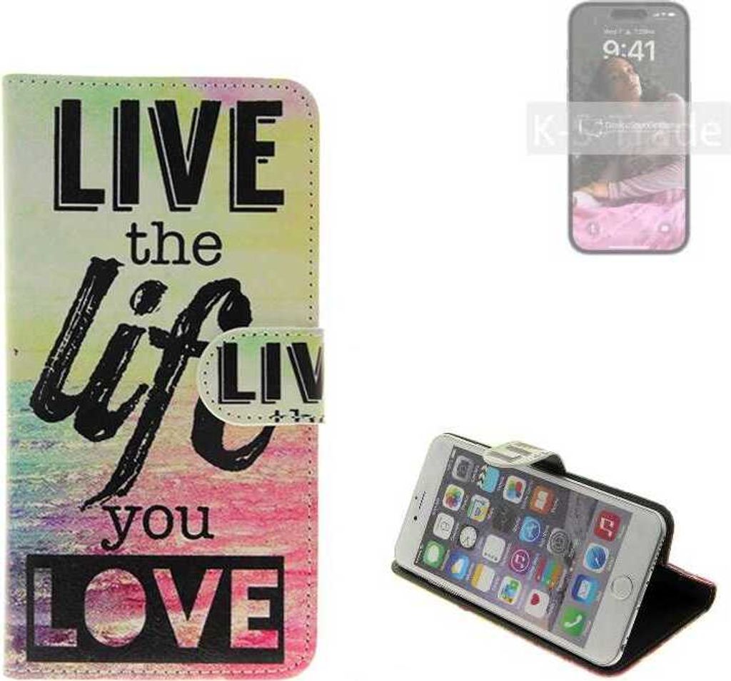 K-S-Trade Schutzhülle Handyhülle kompatibel mit Apple iPhone 14 Pro Max 360° Wallet Case ''live life love'' Klapphülle Tasche Etui Smartphone Flip