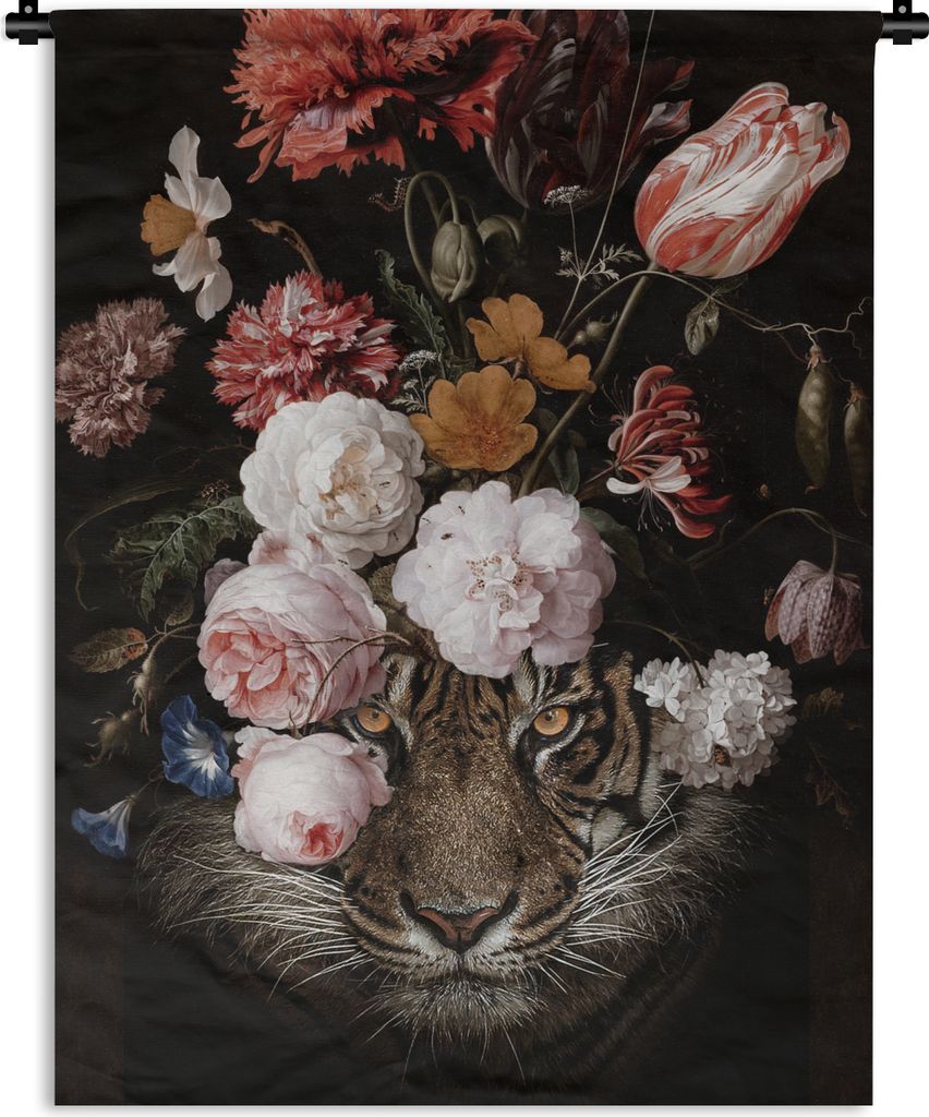 MuchoWow Wandteppich Wandbehang Blumen - Jan Davidsz de Heem - Tiger - Gemälde - Stillleben - Alte Meister 150x200 cm Tapisserie Dekoration Wand...