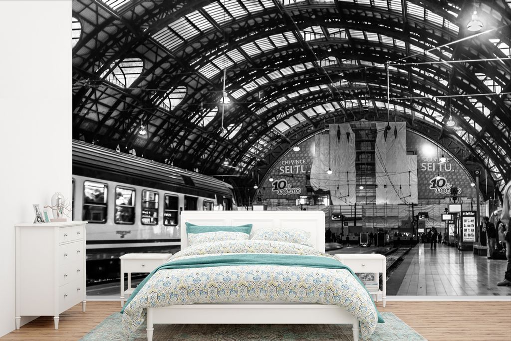 MuchoWow Fototapete für Wohnzimmer oder Schlafzimmer Wandtapete Vinyl Motivtapete Mailänder Bahnhof in Schwarz-Weiß - 330x220 cm - Fototapeten