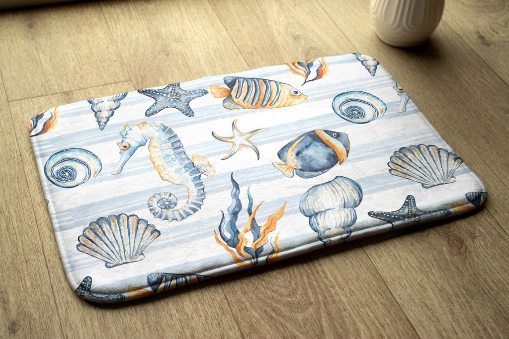 Badteppich Saugfähige - Badezimmer Teppich - Rutschfester Badvorleger Badematte - 90x60 cm - Meerestiere