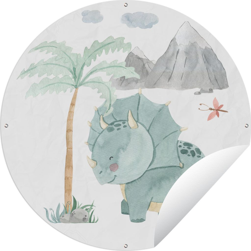 MuchoWow Gartenposter Outdoor-Poster Rund Kinderzimmer - Baum - Dinosaurier - Junge - Mädchen - Kinder Ø 120 cm Gartendeko Rundes Poster draußen