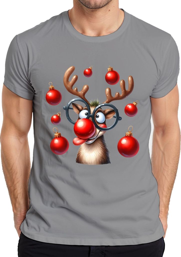 Lustiges Rentier Rudolph Rote Nase Brille Weihnachtskugeln Herren T-Shirt, Grau, XL