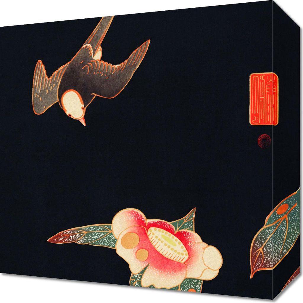 Bild 30x30cm Schwalbe und Kamelie, Jakuchu Japanisch Vintage