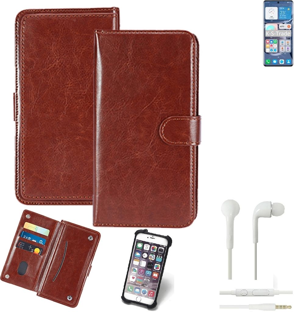 K-S-Trade 360° Hülle kompatibel mit Huawei P50 Pro Kirin 9000 inkl. Headphones braun Kunstleder Case BookCase WalletCase Kunstlederederhülle